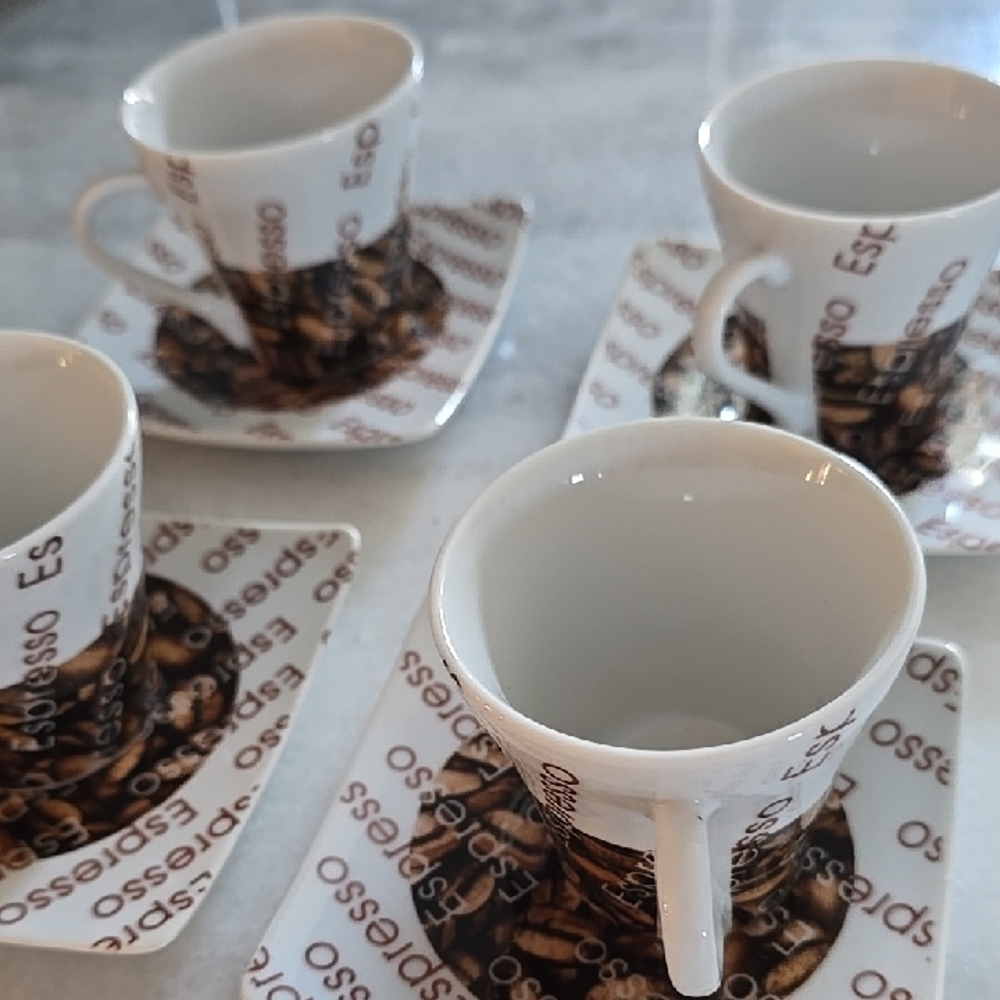 Espresso Themed Coffee Cup and Saucer Set